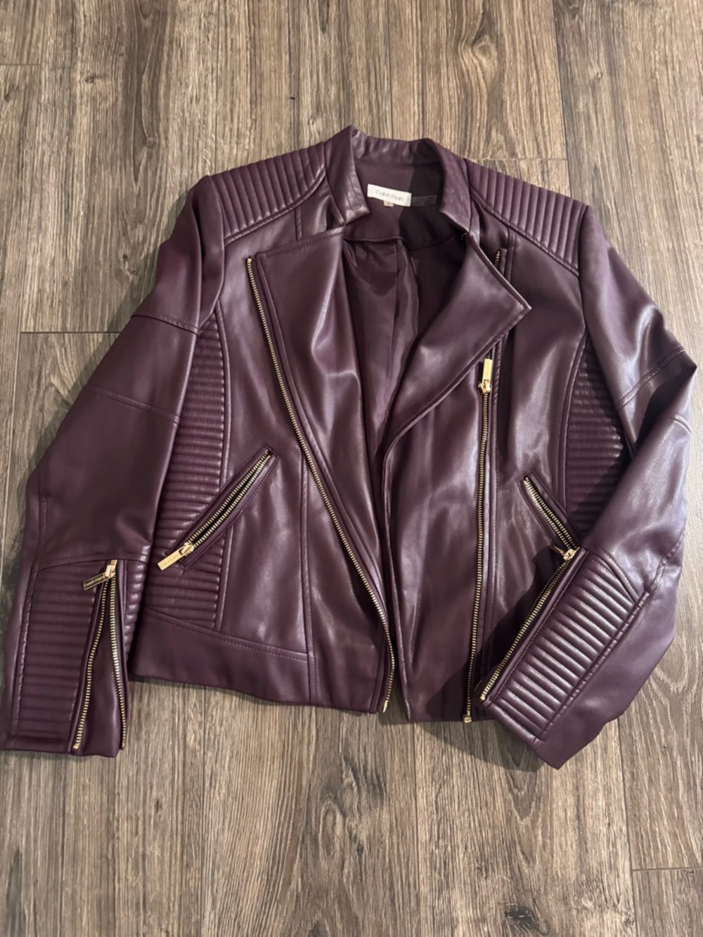 Calvin Klein Plum Moto-Style Faux Leather Jacket with Gold Hardware